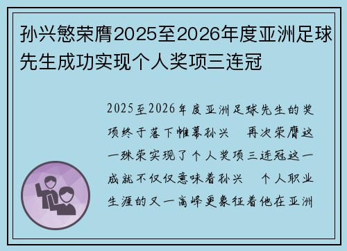 孙兴慜荣膺2025至2026年度亚洲足球先生成功实现个人奖项三连冠 孙兴慜荣膺2025至2026年度亚洲足球先生成功实现个人奖项三连冠