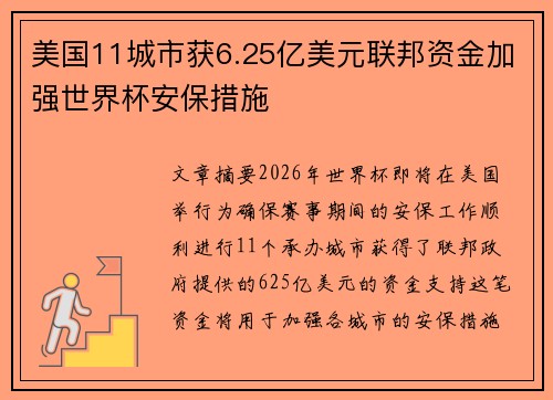 美国11城市获6.25亿美元联邦资金加强世界杯安保措施 美国11城市获6.25亿美元联邦资金加强世界杯安保措施